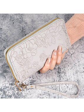 PU Leather Grey Floral Embossed Wallet With Wristlet Strap Zipper Closure Multip